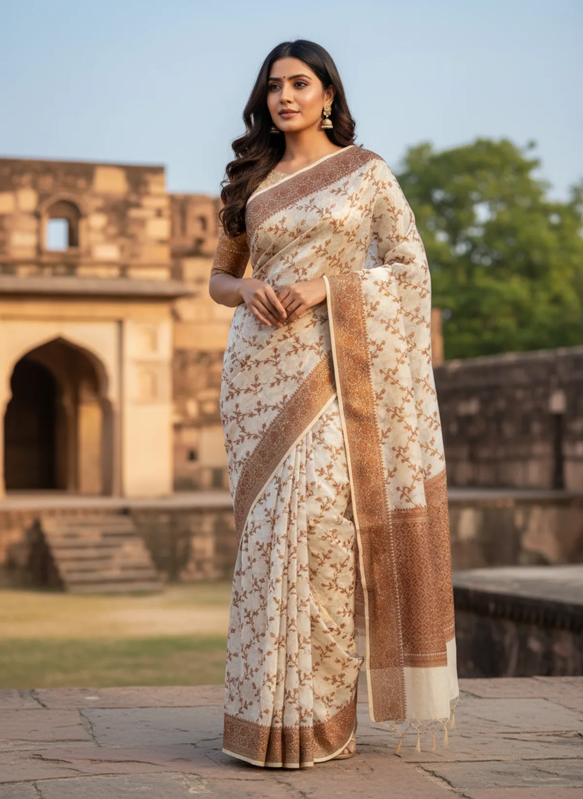 Cream Banarasi Cotton Silk Thread Weaved Saree